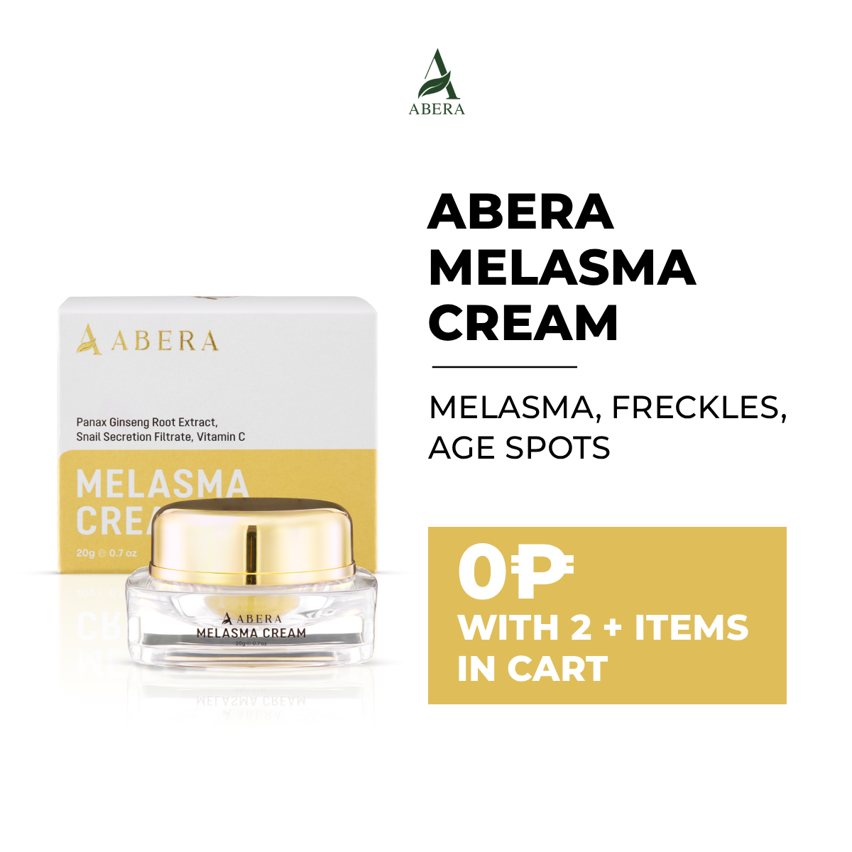 ABERA MELASMA CREAM 20G – HELPS FADE MELASMA, FRECKLES, AGE SPOTS, SMOOTHENS SKIN & PREVENTS AGING