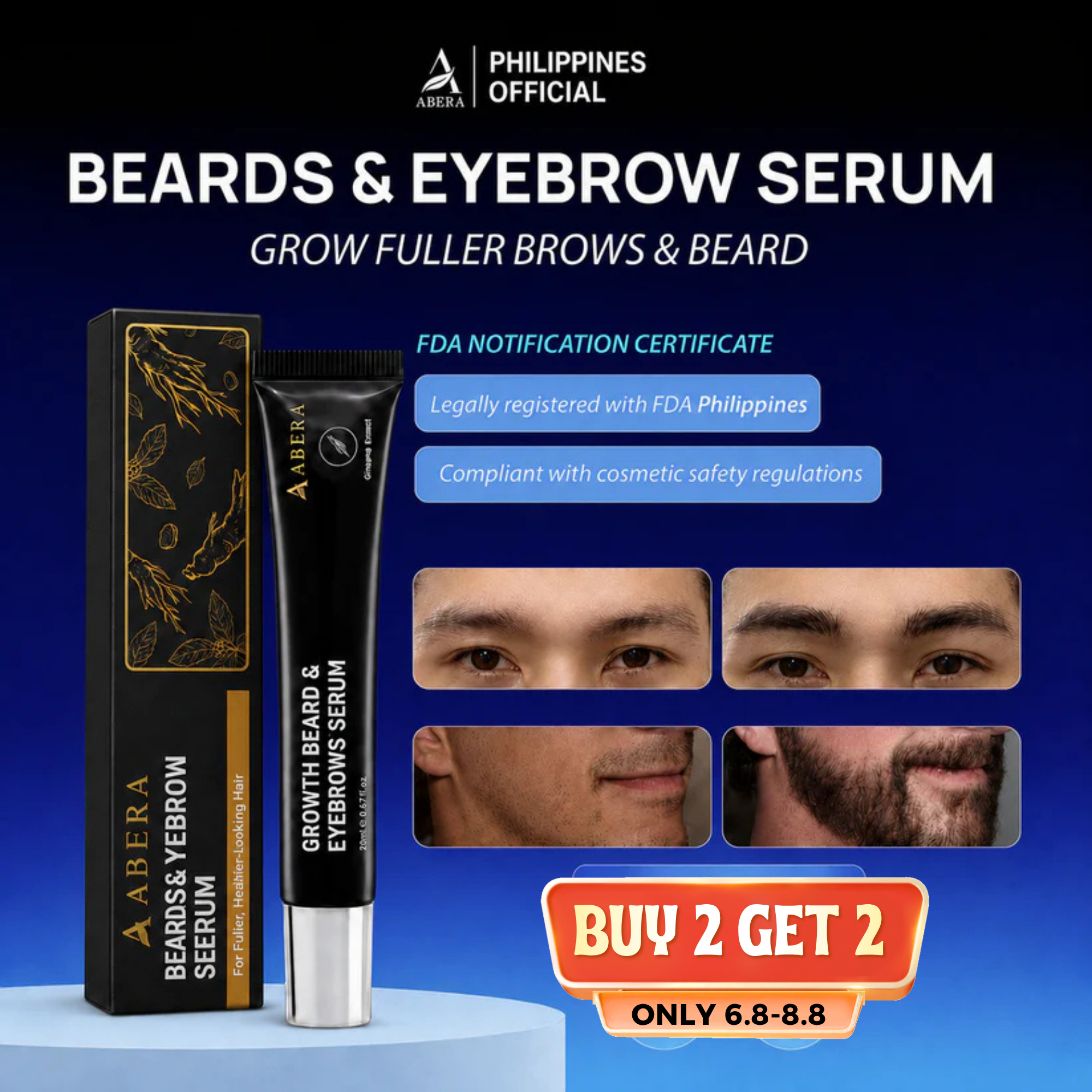 [8.8 Sale - Buy 2 Get 2] ABERA Eyebrow & Beard Growth Serum 20ml [FDA] – Natural Serum From Ginseng Root (No makeup, No color, No Minoxidil)