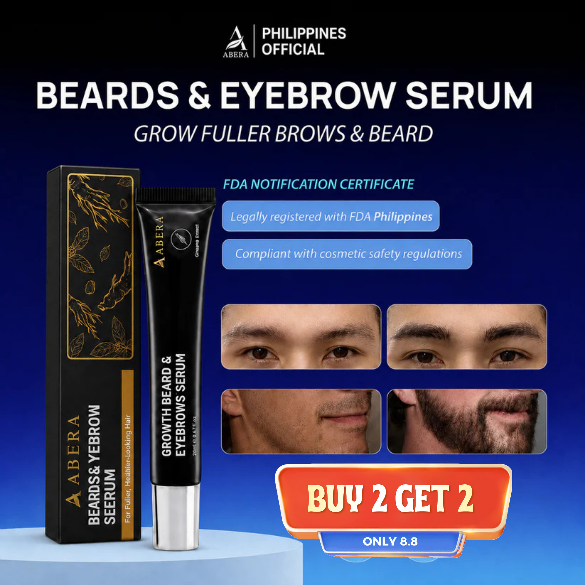 ABERA Eyebrow & Beard Growth Serum 20ml [FDA] – Natural Serum From Ginseng Root (No makeup, No color, No Minoxidil)