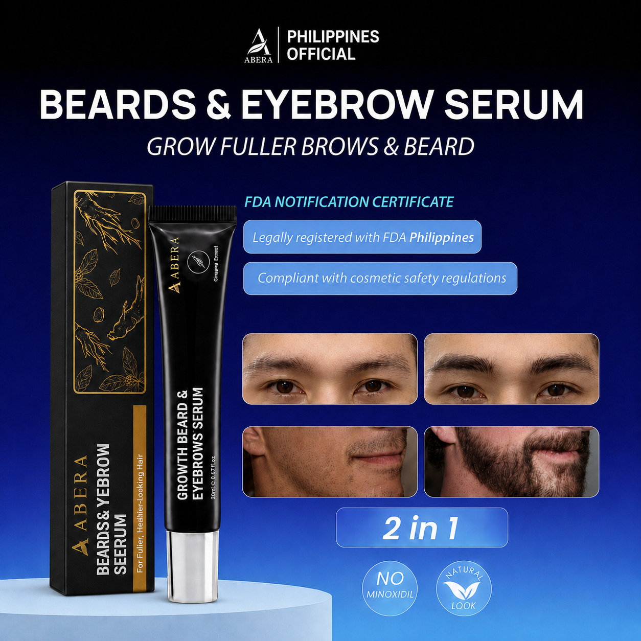 ABERA Eyebrow & Beard Growth Serum 20ml [FDA] – Natural Serum From Ginseng Root (Minoxidil-free)
