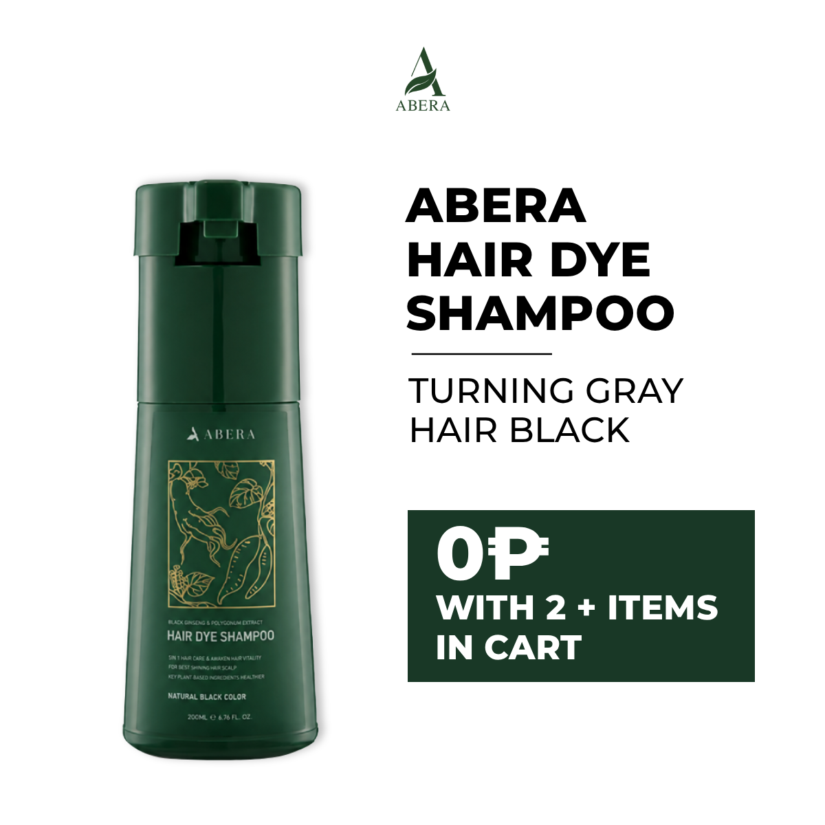ABERA Hair Dye Shampoo, Black Hair Color for Grey Hair Coverage for Women and Men, One-wash Hair Blackening Treatment with Natural Dark Color (6.76 Fl. Oz.)